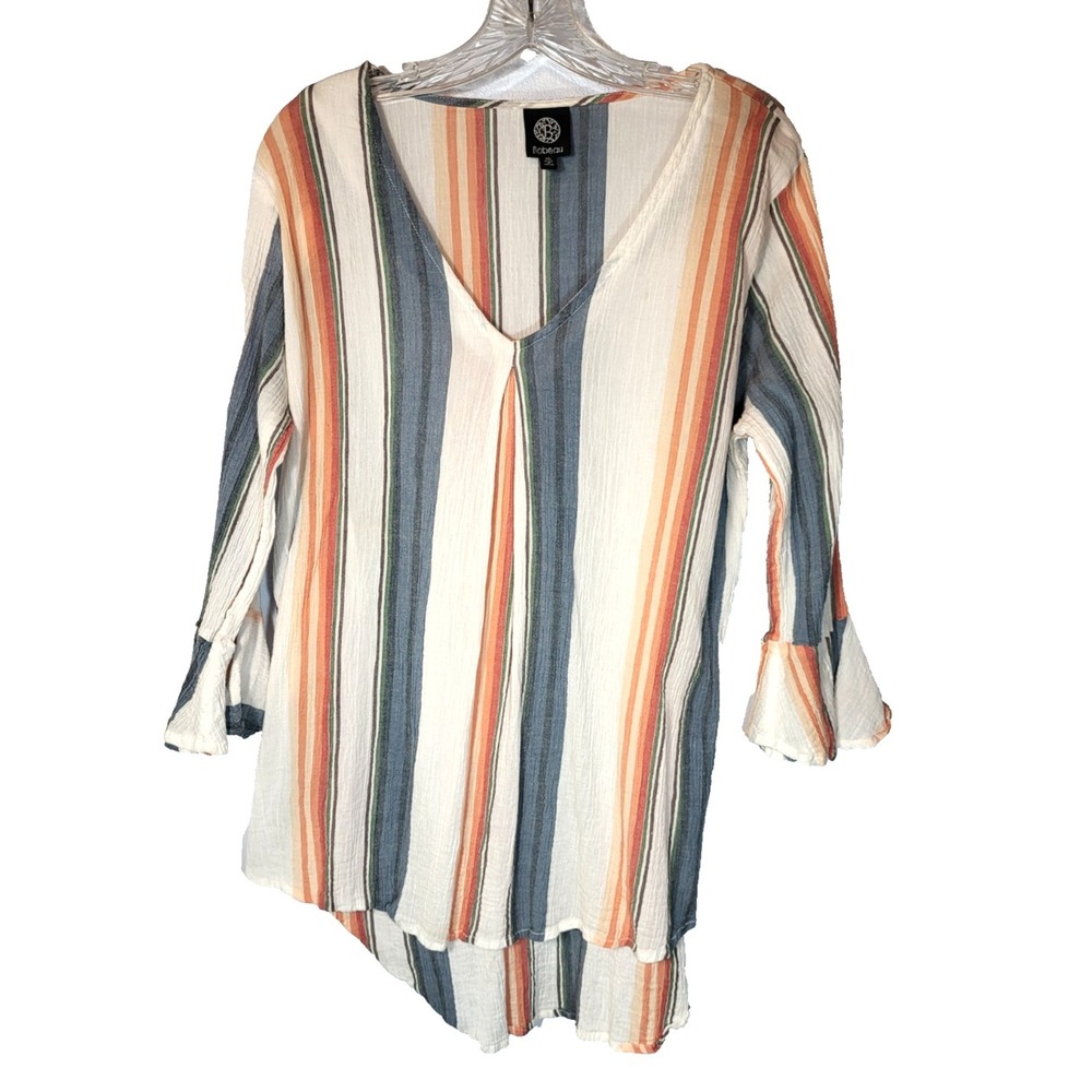 Bobeau Striped Stretch Gauze Long Flutter Sleeve Cotton V-Neck‎ Top Size XL Boho